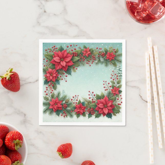 Floral Poinsettia Frosty Pine Border Découpage Napkins (Insitu)