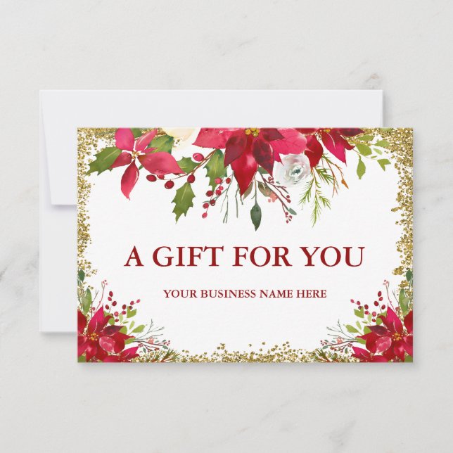 Floral Poinsettia Gold Glitter Gift Certificate Card (Front)