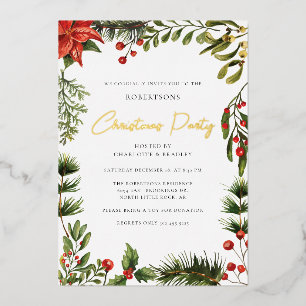 Floral Poinsettia Greenery Christmas Party Gold Foil Invitation