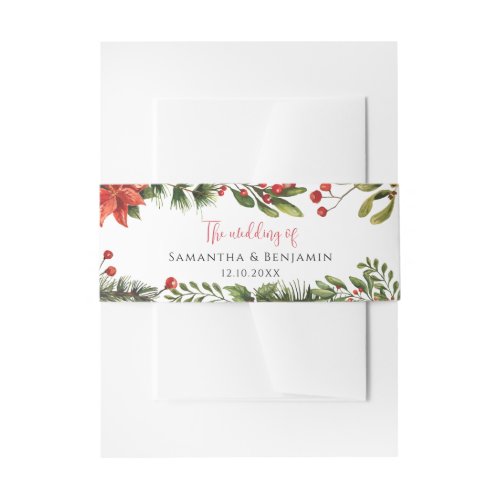 Floral Poinsettia Greenery Winter Wedding Invitation Belly Band