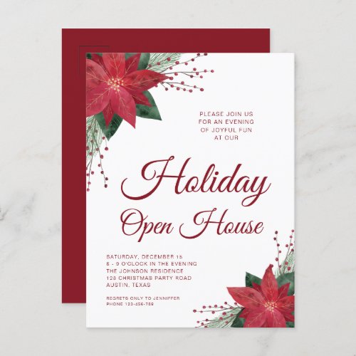 Floral  Poinsettia Holiday Open House Invitation Postcard