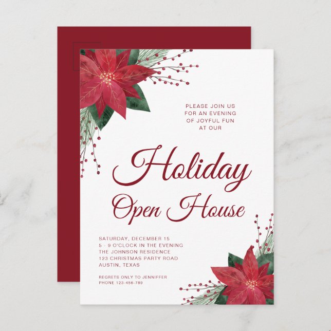 Floral  Poinsettia Holiday Open House Invitation Postcard (Front/Back)