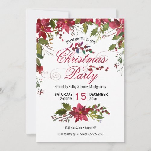 Floral Poinsettia Holly Family Christmas Party Invitation