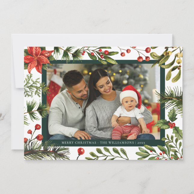 Floral Poinsettia Plaid Family Photo Tartan Holiday Card (Front)
