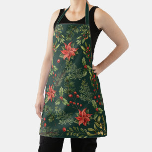 Floral Poinsettia Red Berries Botanical Apron