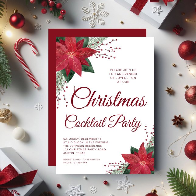 Floral Poinsettia Script Christmas Cocktail Party Invitation (Floral Poinsettia Script Christmas Cocktail Party Invitation)