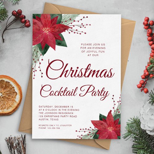 Floral Poinsettia Script Christmas Cocktail Party Invitation