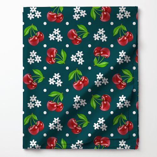 Floral Polka Dot Cherry On Teal Pattern Fabric