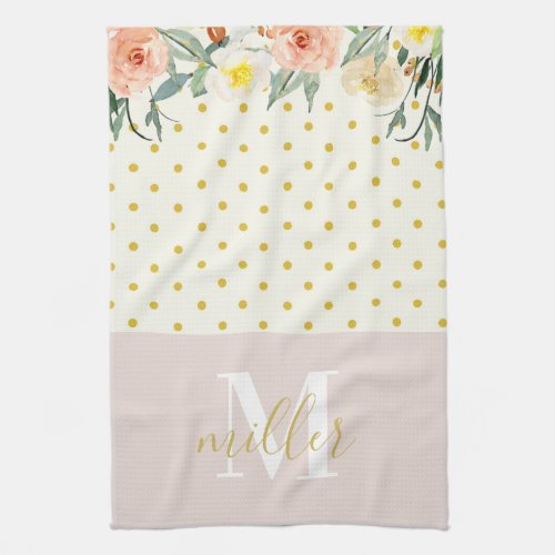 Floral Polka Dots Family Name Kitchen Hand Towel