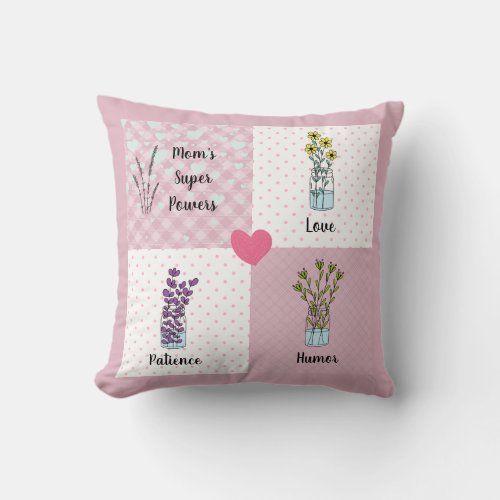 Floral polka dots Momâs super power pink Throw Pillow