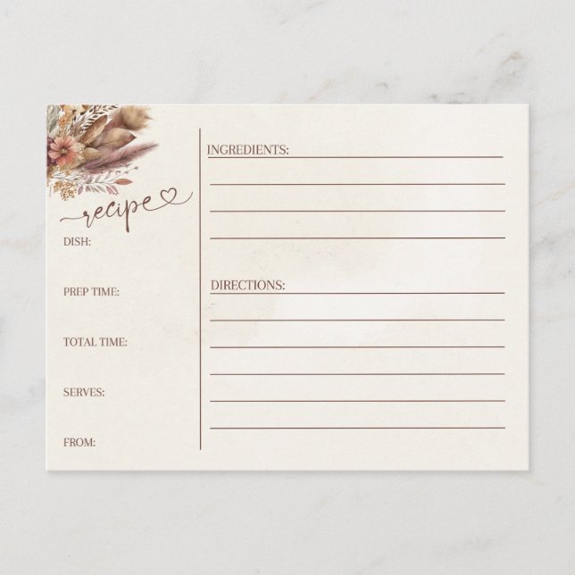 floral Pompas grass boho bridal shower recipe card (Front)