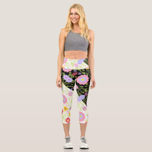 Floral Pop Art Painting Bi-Color Seamless Pattern Capri Leggings