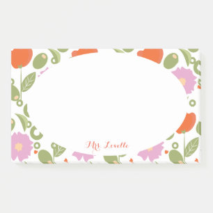 Floral Poppies and Olive Teacher Aqua Custom Name Post-it Notes