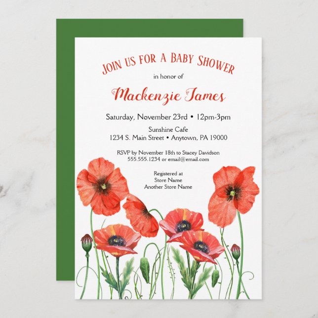 Floral Poppies Baby Shower Invitation Neutral (Front/Back)