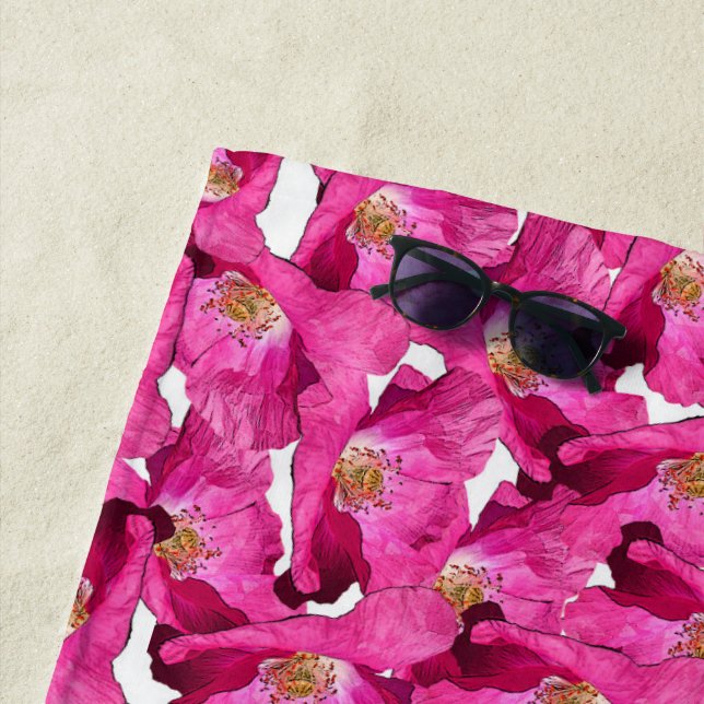 Floral poppies pink pattern. beach towel (In Situ)