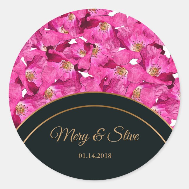 Floral poppies pink pattern.Monogram. Classic Round Sticker (Front)