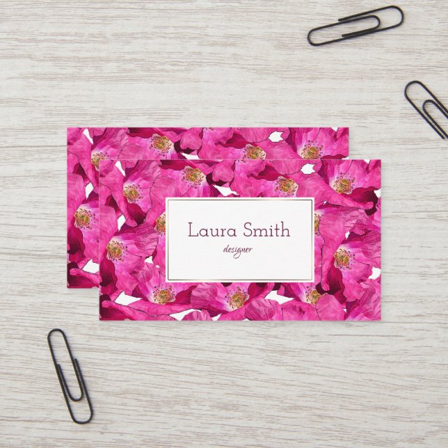Floral poppies pink pattern. Text. Business Card (Front/Back In Situ)
