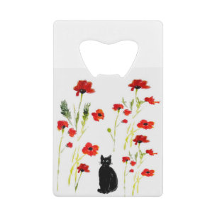 Floral Poppy Cute Cat Credit Card Bottle Opener