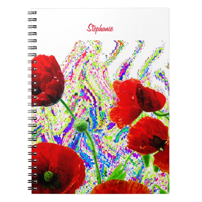 Floral Poppy Flowers Colorful Artsy Custom Name Notebook (Front)