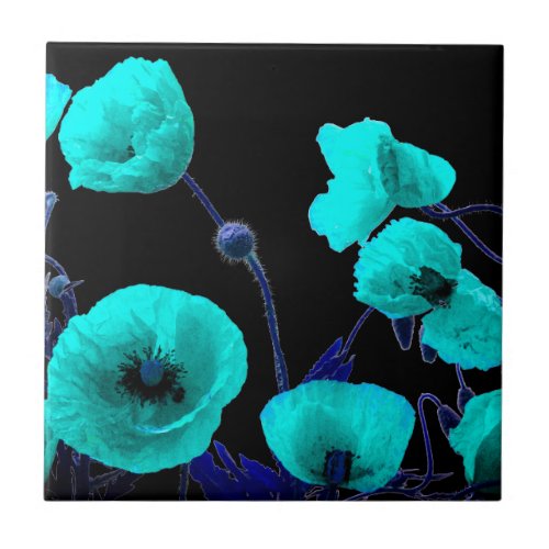Floral Poppy Flowers Turquoise Blue Abstract Artsy Ceramic Tile