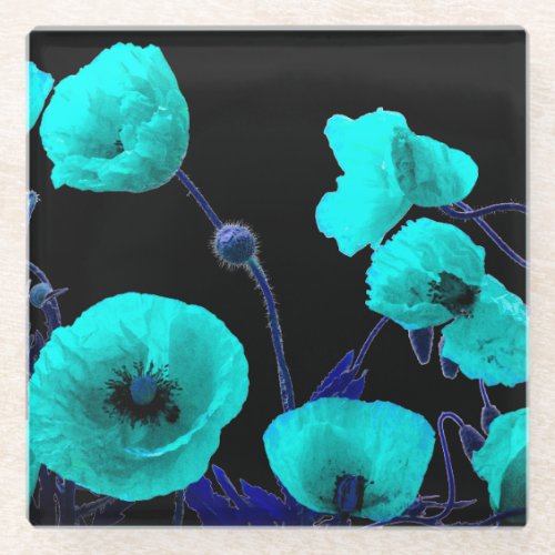 Floral Poppy Flowers Turquoise Blue Abstract Artsy Glass Coaster