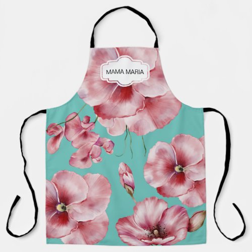 FLORAL POPPY UNISEX All_Over Print Teal Apron