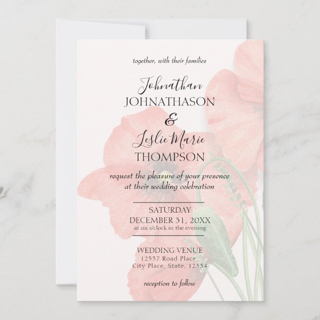 Floral Poppy Wedding Announcement Card V2 (Front)