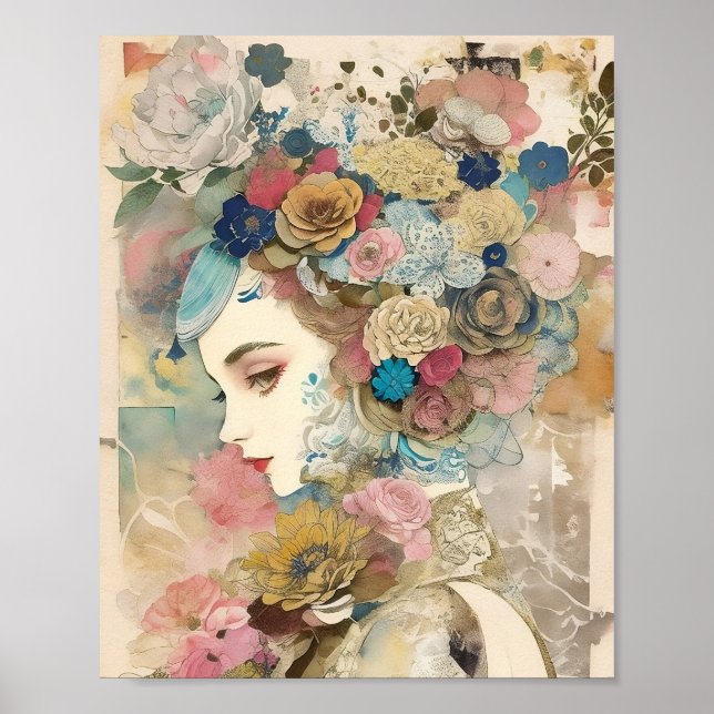 Floral Portrait Mixed Media Collage Ephemera Poster (Front)