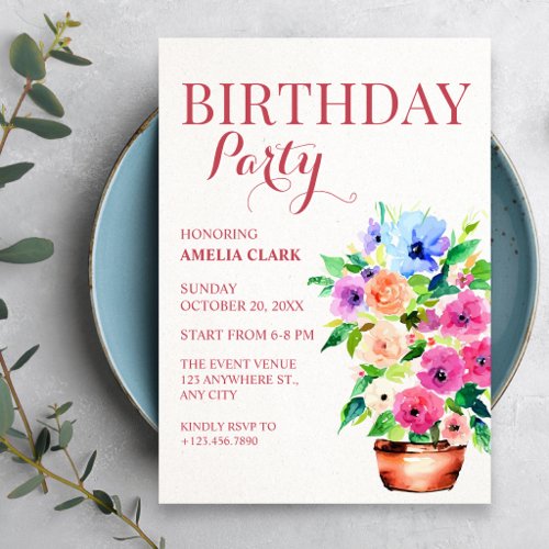 Floral pot paint birthday invitation