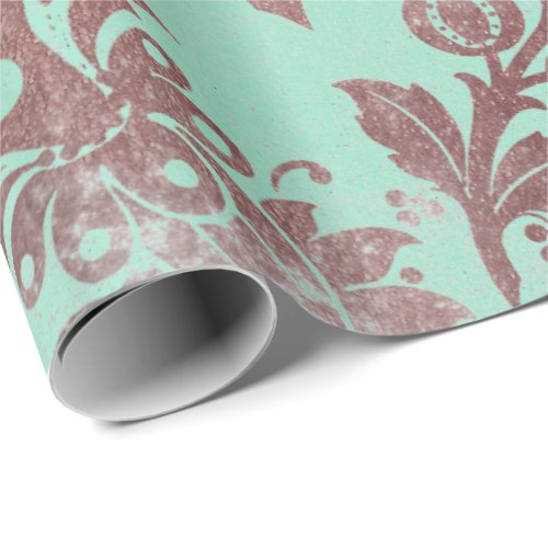 Floral Powder Grungy Damask Mint Ocean Rose Gold Wrapping Paper