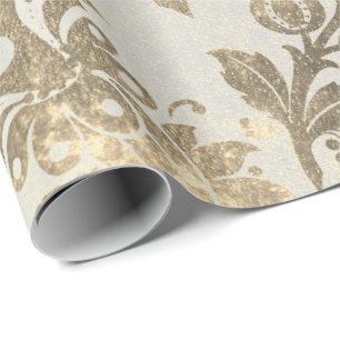 Floral Powder Grungy Damask Sepia Champagne Gold Wrapping Paper