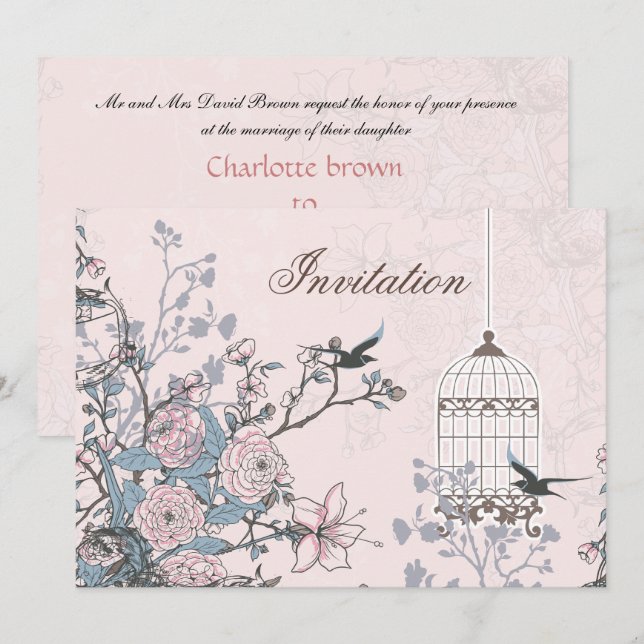 floral powder pink bird cage  love birds wedding invitation (Front/Back)