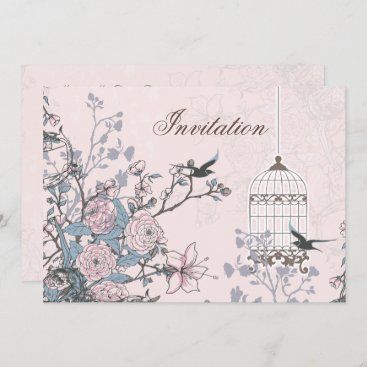 floral powder pink bird cage  love birds wedding invitation
