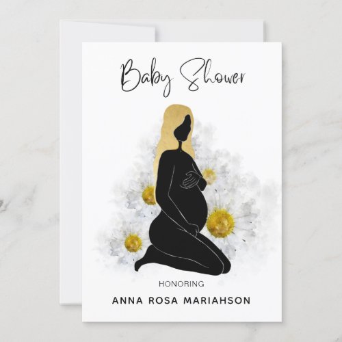 *~* Floral Pregnant Woman Black Gold Baby Shower  Invitation