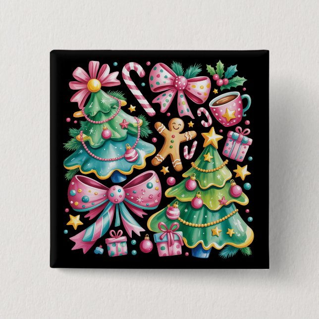 Floral Preppy Xmas Tree Bow Coquette Pink Blue Button (Front)