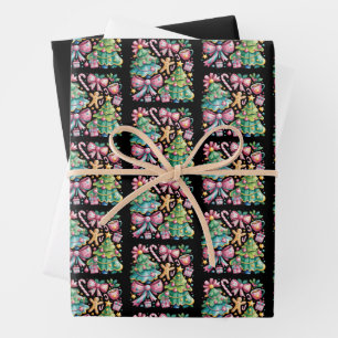 Floral Preppy Xmas Tree Bow Coquette Pink Blue Wrapping Paper Sheets