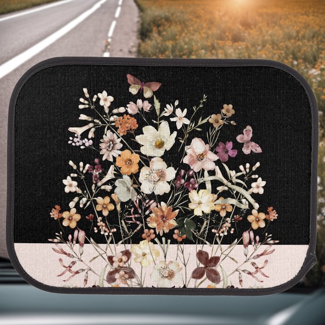Floral Pressed Wildflowers Black Pink Elegant Car Floor Mat (Floral Pressed Wildflowers Black Pink Elegant Car Floor Mat)