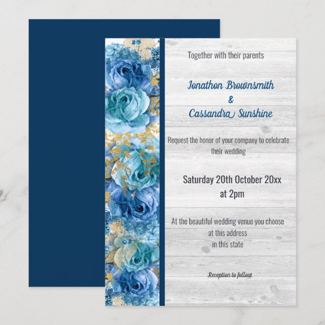 FLORAL PRETTY NAVY BLUE RUSTIC WEDDING NAVY INVITATION (Front/Back)
