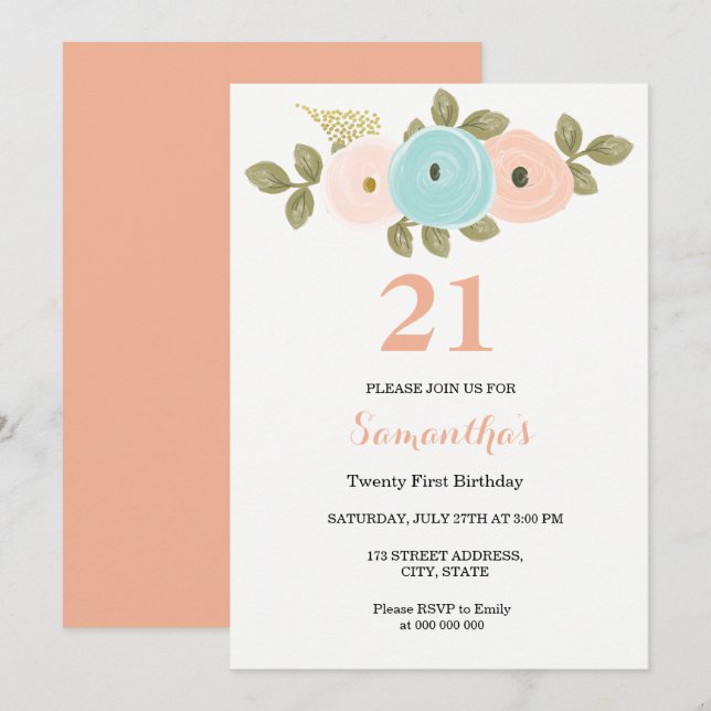 Floral Pretty Peach 21st Birthday Invitation (Front/Back)