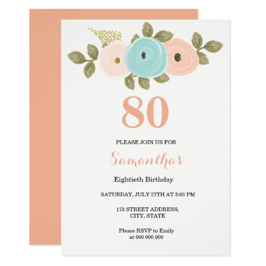 floral pretty peach 80th birthday invitation zazzle com