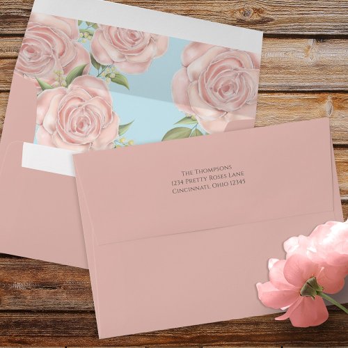 Floral Pretty Pink Watercolor Roses Blue Simple Envelope