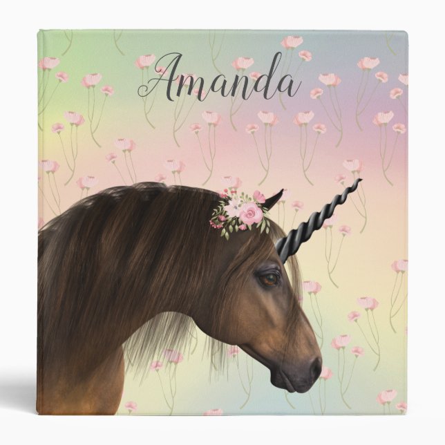 Floral Pretty Unicorn Lover Personalized 3 Ring Binder (Front)