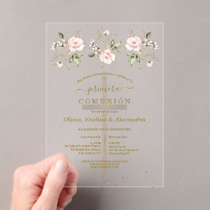 Floral Primera Comunión Triplets Holy Communion Acrylic Invitations
