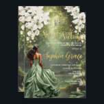 Floral Princess and Frog Sage Green Dress Sweet 16 Invitation<br><div class="desc">Personalize this enchanting Sweet 16 birthday invitation easily and quickly. Simply click the Edit Using Design Tools button to further edit the text, change font styles and font colors. Featuring a girl dressed in a sage green dress, a frog prince, beautiful trailing white floral and an enchanted forest and pond...</div>