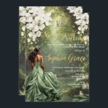 Floral Princess and Frog Sage Green Dress Sweet 16 Invitation<br><div class="desc">Personalize this enchanting Sweet 16 birthday invitation easily and quickly. Simply click the Edit Using Design Tools button to further edit the text, change font styles and font colors. Featuring a girl dressed in a sage green dress, a frog prince, beautiful trailing white floral and an enchanted forest and pond...</div>