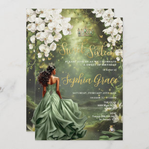 Floral Princess and Frog Sage Green Dress Sweet 16 Invitation