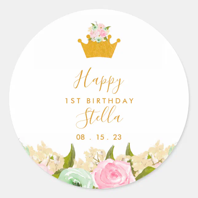 Floral Princess Birthday Party Classic Round Sticker | Zazzle