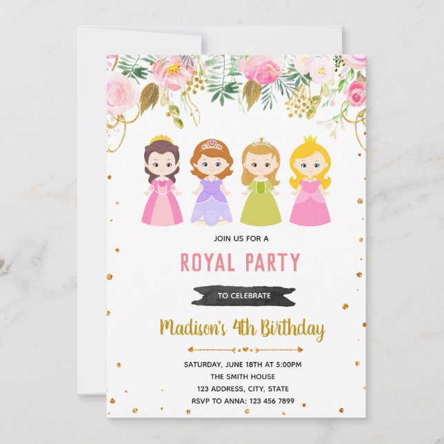 Floral princess birthday party invitation (Front)