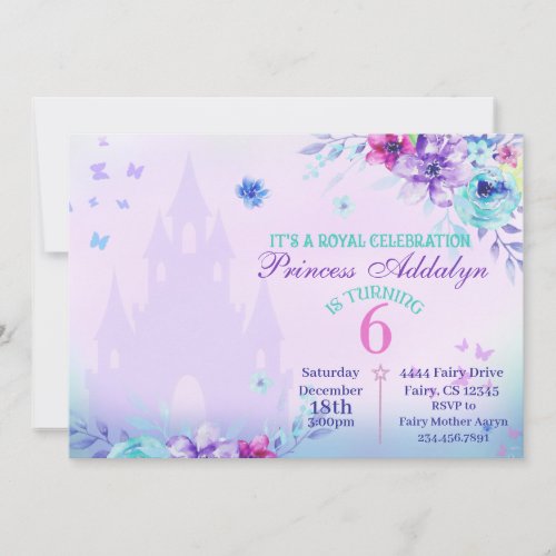 Floral Princess Castle Watercolor 6th Birthday  Invitation