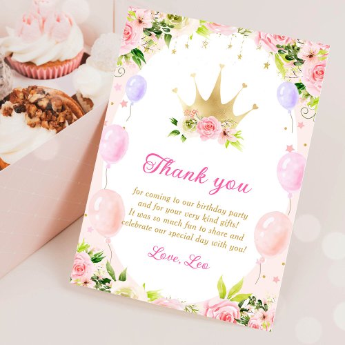Floral Princess Crown 1st Birthday Thank You Card